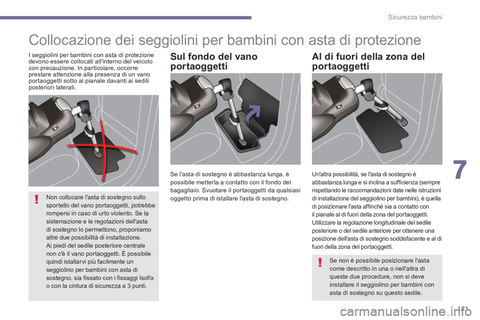 PEUGEOT 3008 2013.5.  Manuale duso (in Italian) 7
Sicurezza bambini
131
  Collocazione dei seggiolini per bambini con asta di protezione  
 
 
Sul fondo del vano 
portaoggetti    
Al di fuori della zona del 
portaoggetti    
I seggiolini per bambin