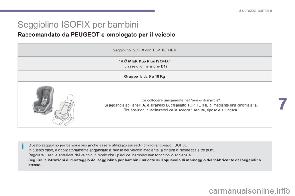 PEUGEOT 3008 2013.5.  Manuale duso (in Italian) 7
Sicurezza bambini
135
   
 
 
 
 
 
 
 
 
 
 
 
 
 
 
 
 
Seggiolino ISOFIX per bambini 
 
 
Questo seggiolino per bambini può anche essere utilizzato sui sedili privi di ancoraggi ISOFIX. 
  In qu