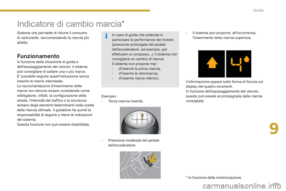PEUGEOT 3008 2013.5.  Manuale duso (in Italian) 9
173 Guida
   
 
 
 
 
 
 
 
 
 
 
Indicatore di cambio marcia *  
 
 
 
Funzionamento 
 
 
Esempio : 
   
 
-   Terza marcia inserita.  
 
   
 
 
-   Pressione moderata del pedale 
dellaccelerator
