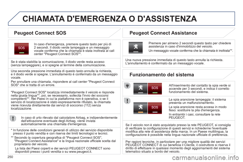 PEUGEOT 3008 2013.5.  Manuale duso (in Italian) 250
   
 
 
 
 
 
 
 
 
 
 
 
 
CHIAMATA DEMERGENZA O DASSISTENZA  
 
 
In caso demergenza, premere questo tasto per più di 
2 secondi. Il diodo verde lampeggia e un messaggio 
vocale conferma che
