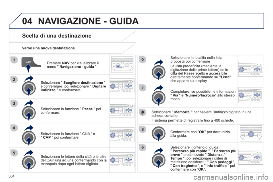 PEUGEOT 3008 2013.5.  Manuale duso (in Italian) 04
304   
Premere  NAV 
 per visualizzare il 
menu "  Navigazione - guida 
 ".      
Verso una nuova destinazione  
 
 
 
 
 
 
 
 
 
 
 
 
 
Scelta di una destinazione 
 
 
Selezionare "  Scegliere d