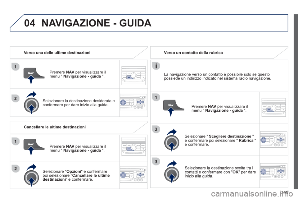 PEUGEOT 3008 2013.5.  Manuale duso (in Italian) 04
305    
 
Verso una delle ultime destinazioni  
   
Premere  NAV 
 per visualizzare il 
menu "  Navigazione - guida 
 ".  
   
Selezionare la destinazione desiderata e 
confermare per dare inizio a