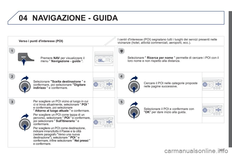 PEUGEOT 3008 2013.5.  Manuale duso (in Italian) 04
307    
 
Verso i punti dinteresse (POI)   I centri dinteresse (POI) segnalano tutti i luoghi dei servizi presenti nelle 
vicinanze (hotel, attività commerciali, aeroporti, ecc.).  
   
Selezion