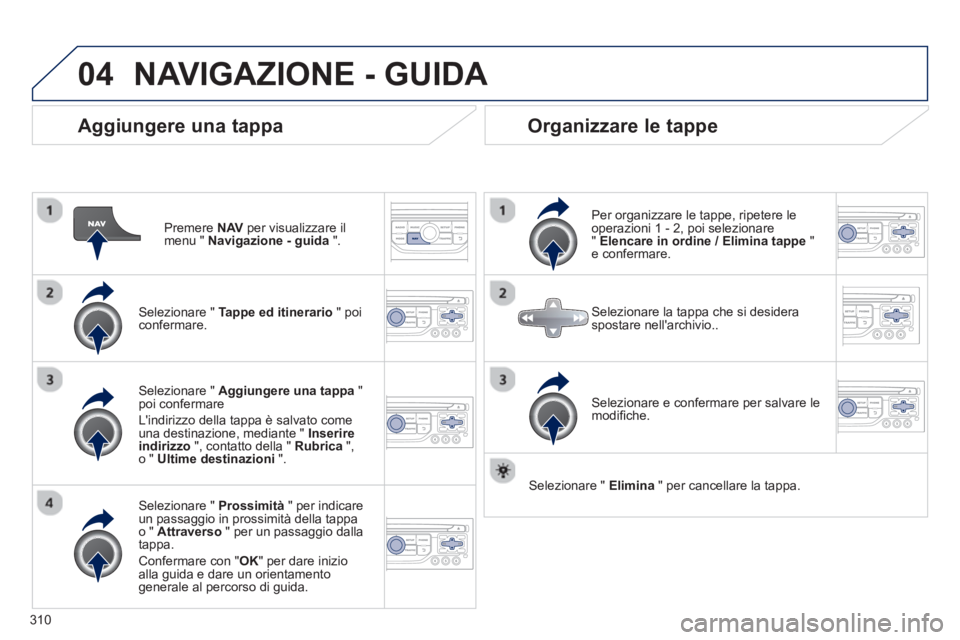 PEUGEOT 3008 2013.5.  Manuale duso (in Italian) 04
310
   
Aggiungere una tappa 
 
 
Premere  NAV 
 per visualizzare il 
menu "  Navigazione - guida 
 ".  
   
Selezionare "  Tappe ed itinerario 
 " poi 
confermare.  
   
Selezionare "  Prossimità