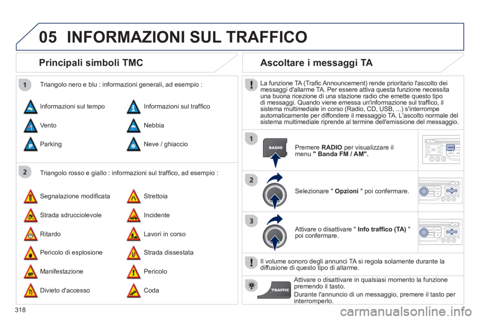 PEUGEOT 3008 2013.5.  Manuale duso (in Italian) 05
318
   
 
 
 
 
 
Principali simboli TMC 
 
 
Triangolo rosso e giallo : informazioni sul trafﬁ co, ad esempio :     
Triangolo nero e blu : informazioni generali, ad esempio : 
  Informazioni su