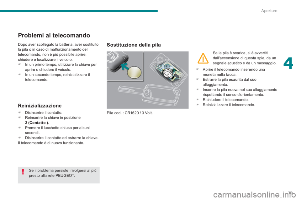 PEUGEOT 3008 2013.5.  Manuale duso (in Italian) 4
Aperture
79
   
 
 
 
 
 
 
 
 
 
 
 
 
 
 
Problemi al telecomando 
 
Dopo aver scollegato la batteria, aver sostituito 
la pila o in caso di malfunzionamento del 
telecomando, non è più possibil