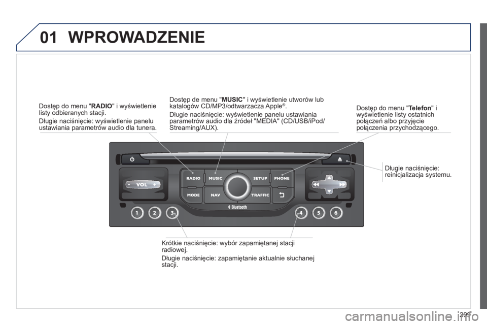 PEUGEOT 3008 2013.5.  Instrukcja obsługi (in Polish) 01
299    
Długie naciśnięcie: 
reinicjalizacja systemu.      
Dostęp do menu " Telefon 
" i 
wyświetlenie listy ostatnich 
połączeń albo przyjęcie 
połączenia przychodzącego.  
 
WPROWADZ