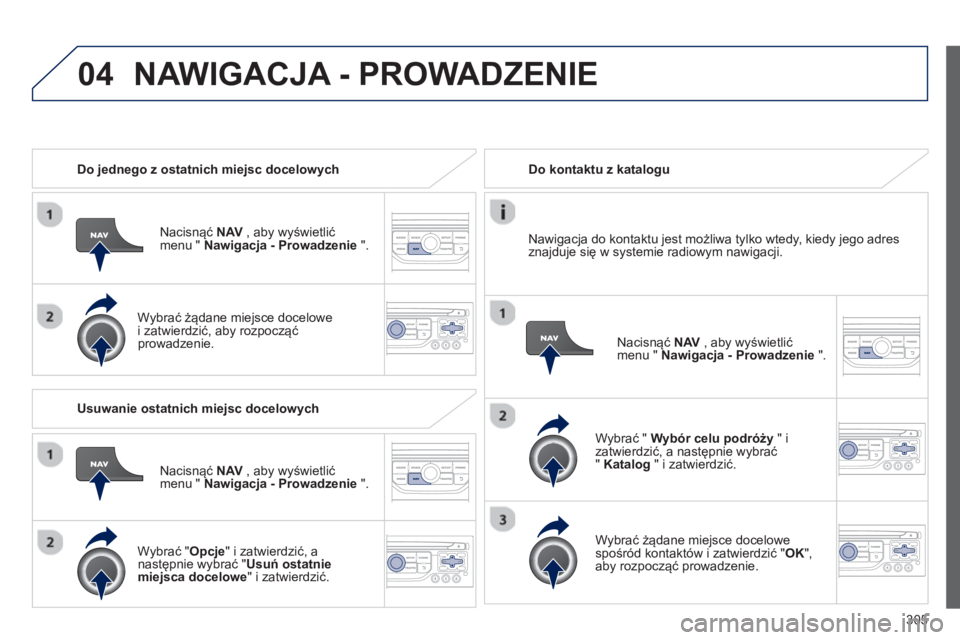 PEUGEOT 3008 2013.5.  Instrukcja obsługi (in Polish) 04
305    
 
Do jednego z ostatnich miejsc docelowych  
   
Nacisnąć  NAV 
 , aby wyświetlić 
menu "  Nawigacja - Prowadzenie 
 ".  
   
Wybrać żądane miejsce docelowe 
i zatwierdzić, aby rozp