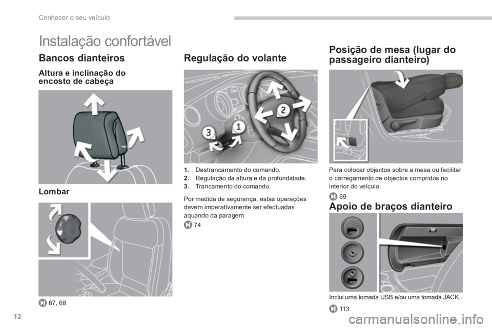 PEUGEOT 3008 2013.5.  Manual de utilização (in Portuguese) 67, 68
74
69
11 3
Conhecer o seu veículo
12
  Instalação confortável 
 
 
Bancos dianteiros 
 
 
Altura e inclinação do 
encosto de cabeça  
   
Lombar  
 
 
 
Regulação do volante 
 
 
 
1. 