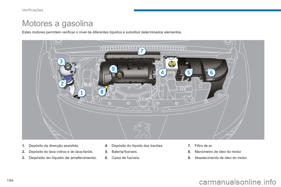 PEUGEOT 3008 2013.5.  Manual de utilização (in Portuguese) Ver if ic aç ões
194
   
 
 
 
 
 
 
 
 
 
 
 
 
 
Motores a gasolina 
 
Estes motores permitem verificar o nível de diferentes líquidos e substituir determinados elementos. 
   
 
1. 
  Depósito