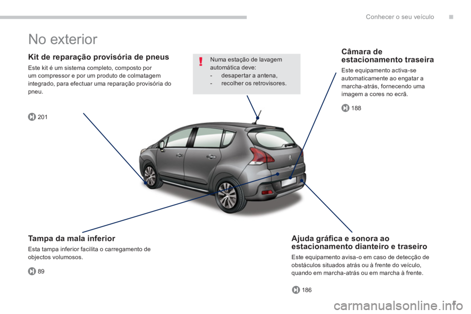 PEUGEOT 3008 2013.5.  Manual de utilização (in Portuguese) .
89
201
186
188
Conhecer o seu veículo
5
  No exterior  
 
 
Kit de reparação provisória de pneus 
 
Este kit é um sistema completo, composto por 
um compressor e por um produto de colmatagem 
i