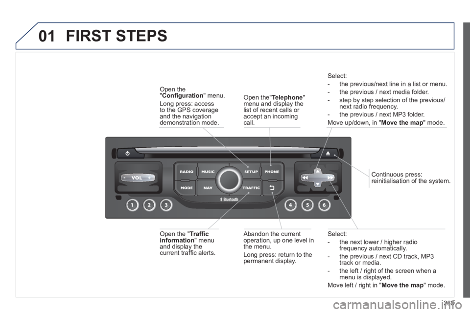 PEUGEOT 3008 2013  Owners Manual 265
01
Select:
-   the next lower / hi
gher radiofrequency automatically.
-  the previous 
/ next CD track, MP3
track or media. 
-  the le
ft / right of the screen when a menu is displayed.
Move left 