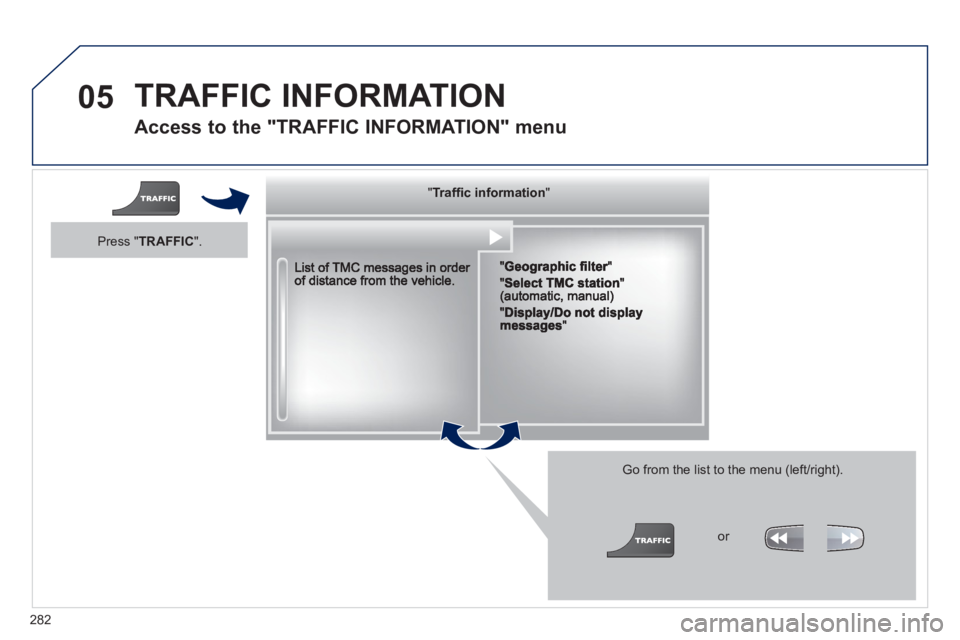 PEUGEOT 3008 2013  Owners Manual 282
05  TRAFFIC INFORMATION 
 
 
Access to the "TRAFFIC INFORMATION" menu 
 
 Go from the list to the menu (left/right).
 
  """""""ac o at oTrafﬁ c informationTrafﬁc informationTrafﬁc informati