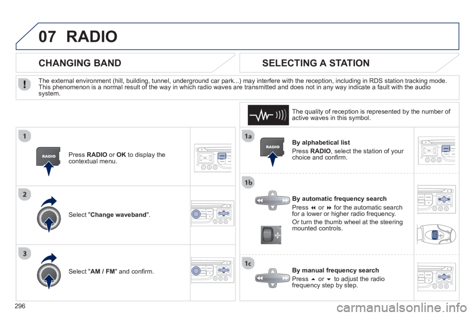 PEUGEOT 3008 2013  Owners Manual 296
07RADIO 
   
By alphabetical list
  Pr
ess RADIO, select the station of your choice and conﬁ rm.  
   
B
y automatic frequency search
 
Press �   or  � 
 for the automatic searchfor a lower or