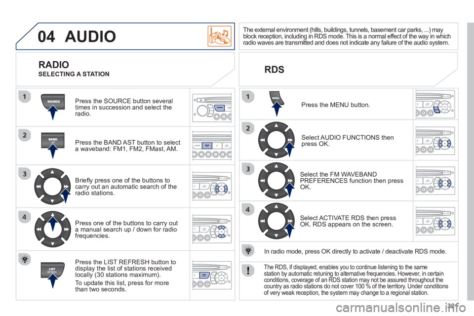 PEUGEOT 3008 2013  Owners Manual 321
04  AUDIO 
 
Press the SOURCE button several 
times in succession and select theradio.  
   
Press the BAND A
ST button to select 
a waveband: FM1, FM2, FMast, AM.  
   
Brieﬂ 
y press one of th