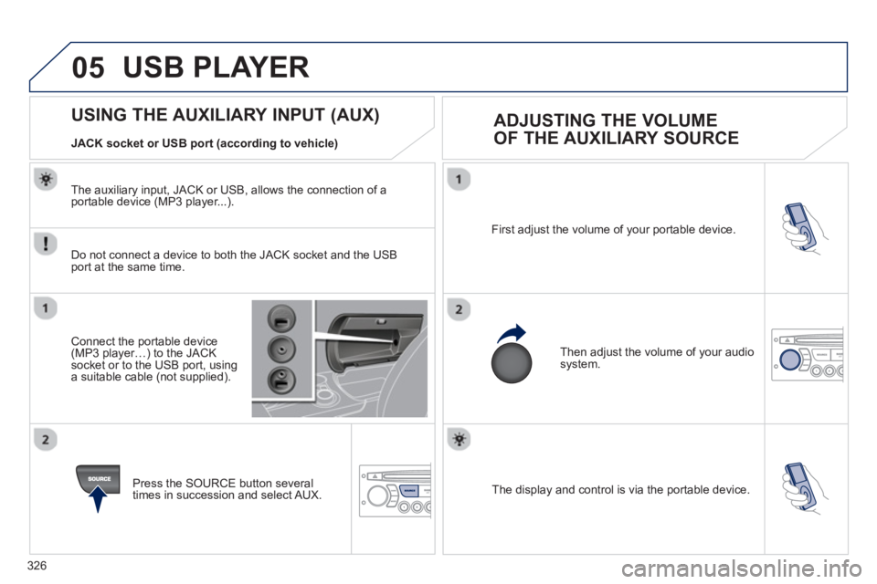PEUGEOT 3008 2013  Owners Manual 326
05
  The display and control is via the portable device.  First ad
just the volume of your portable device. 
  Then ad
just the volume of your audio system.
 
 
 
 
 
 
 
 
 
 
 
 
 
 
 
 
 
 
 
U