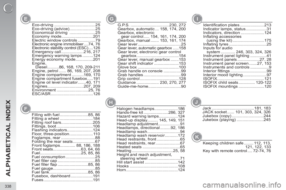 PEUGEOT 3008 2013  Owners Manual 338
ALPHABETICAL INDEX
Keeping children safe ........ 112, 113,
121, 122, 133
Key with remote control .... 72-74, 76 Filling with fuel ........................85, 86
Fitting a wheel ..................