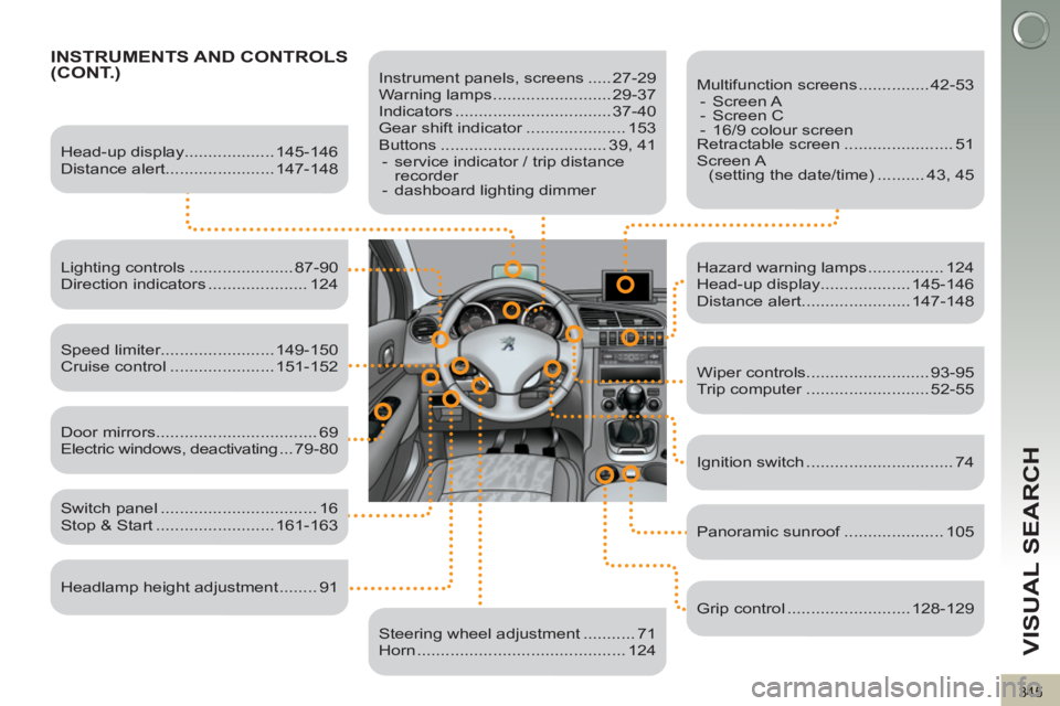 PEUGEOT 3008 2013  Owners Manual 345
VISUAL SEARCH
INSTRUMENTS AND CONTROLS(CONT.)    
 
Instrument panels, screens ..... 27-29 
  Warning lamps ......................... 29-37 
  Indicators ................................. 37-40 
 