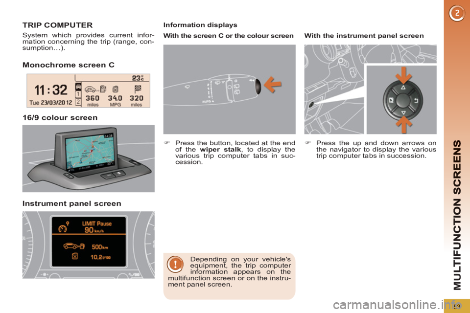 PEUGEOT 3008 2013  Owners Manual 53
M
U
Monochrome screen C  
16/9 colour screen  
TRIP COMPUTER
 
System which provides current infor-
mation concerning the trip (range, con-
sumption…). 
  Depending on your vehicles 
equipment, 