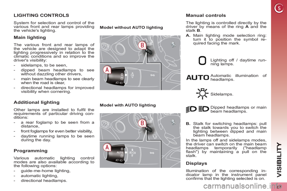 PEUGEOT 3008 2013  Owners Manual 87
VIS
LIGHTING CONTROLS 
  System for selection and control of the 
various front and rear lamps providing 
the vehicles lighting. 
Main lighting 
  The various front and rear lamps of 
the vehicle 