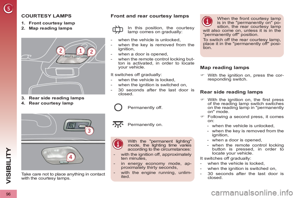 PEUGEOT 3008 2013  Owners Manual 96
VIS
COURTESY LAMPS
   
3. 
  Rear side reading lamps 
 
   
4. 
  Rear courtesy lamp 
 
 
 
Front and rear courtesy lamps 
 
In this position, the courtesy 
lamp comes on gradually: 
   Map reading