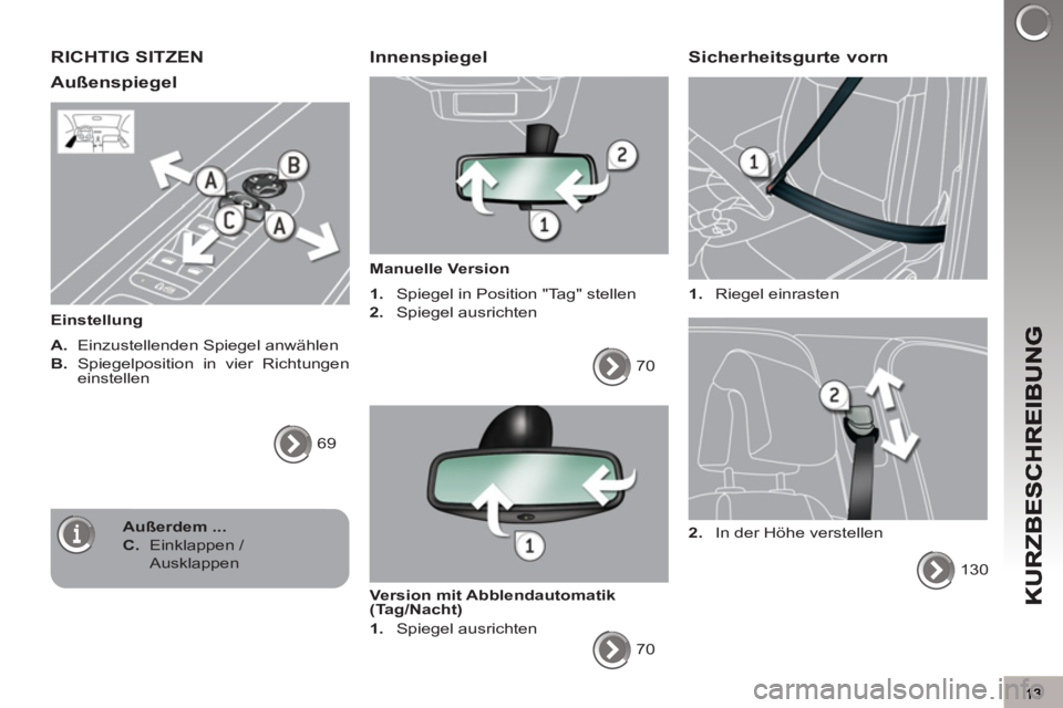 PEUGEOT 3008 2013  Betriebsanleitungen (in German) RICHTIG SITZEN 
Außenspiegel 
   
Einstellung 
   
A. 
  Einzustellenden Spiegel anwählen 
   
B. 
 Spiegelposition in vier Richtungen 
einstellen 
  69  
 
 
 Innenspiegel 
 
 
Manuelle Version  
 