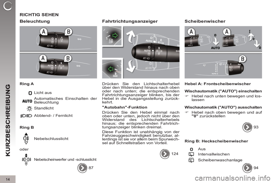 PEUGEOT 3008 2013  Betriebsanleitungen (in German) 14
  RICHTIG SEHEN
   
Beleuchtun
g
 
 
Ring A 
  Licht aus 
   
Ring B   Standlicht 
  Abblend- / Fernlicht  
  Nebelschlusslicht 
  oder 
 
Nebelscheinwerfer und -schlusslicht 
 
Automatisches Einsc
