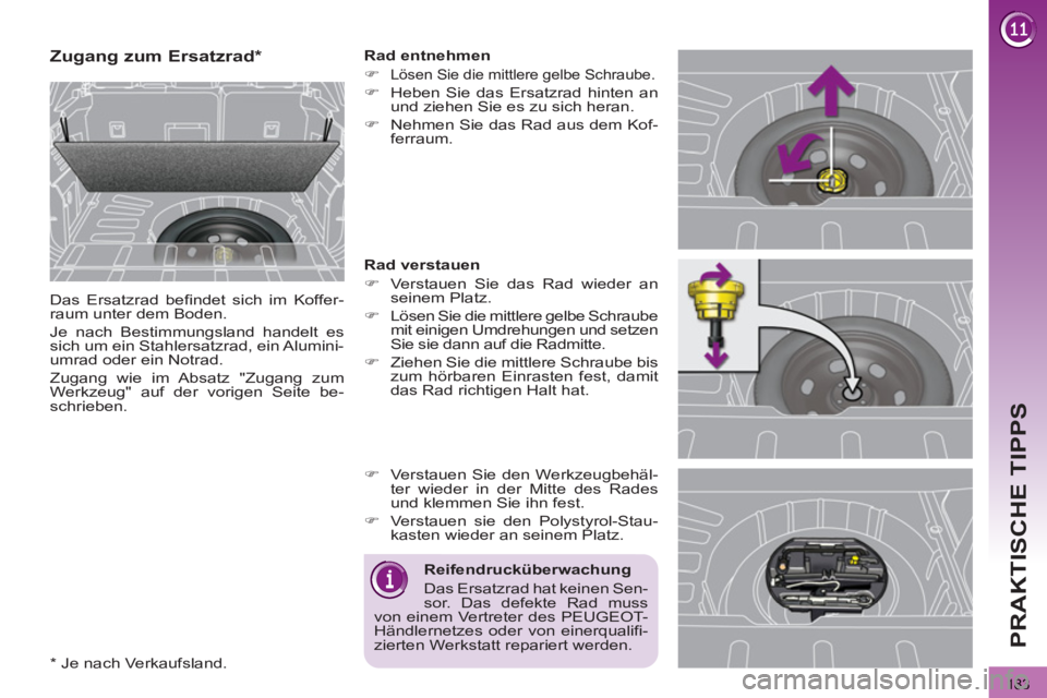 PEUGEOT 3008 2013 Betriebsanleitungen (in German) 183
PRAKTISCHE TIPPS
Zugang zum Ersatzrad *
Das Ersatzrad befindet sich im Koffer-
raum unter dem Boden.
Je nach Bestimmungsland handelt es
sich um ein Stahlers PEUGEOT 3008 2013 Betriebsanleitungen (in German) 183
PRAKTISCHE TIPPS
Zugang zum Ersatzrad *
Das Ersatzrad befindet sich im Koffer-
raum unter dem Boden.
Je nach Bestimmungsland handelt es
sich um ein Stahlers