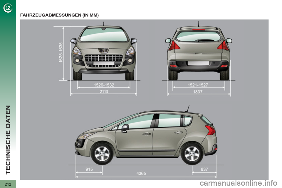 PEUGEOT 3008 2013  Betriebsanleitungen (in German) 212
TECHNISCHE DATEN
FAHRZEUGABMESSUNGEN (IN MM)  