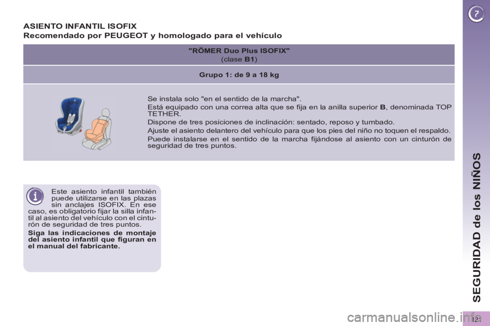 PEUGEOT 3008 2013  Manual del propietario (in Spanish) 121
SEGURIDAD de los NIÑOS
   
Este asiento infantil también 
puede utilizarse en las plazas 
sin anclajes ISOFIX. En ese 
caso, es obligatorio fijar la silla infan-
til al asiento del vehículo con