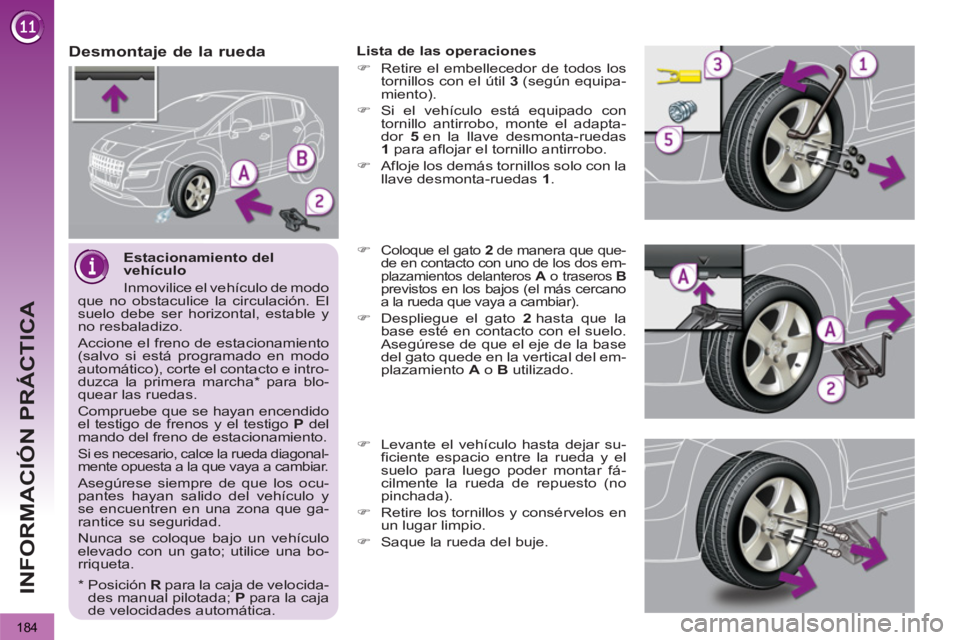 PEUGEOT 3008 2013 Manual del propietario (in Spanish) 184
INFORMACIÓN PRÁCTICA
Estacionamiento del
vehículo
Inmovilice el vehículo de modo
que no obstaculice la circulación. El
suelo debe ser horizontal, estable y
no resbaladizo.
Accio PEUGEOT 3008 2013 Manual del propietario (in Spanish) 184
INFORMACIÓN PRÁCTICA
Estacionamiento del
vehículo
Inmovilice el vehículo de modo
que no obstaculice la circulación. El
suelo debe ser horizontal, estable y
no resbaladizo.
Accio