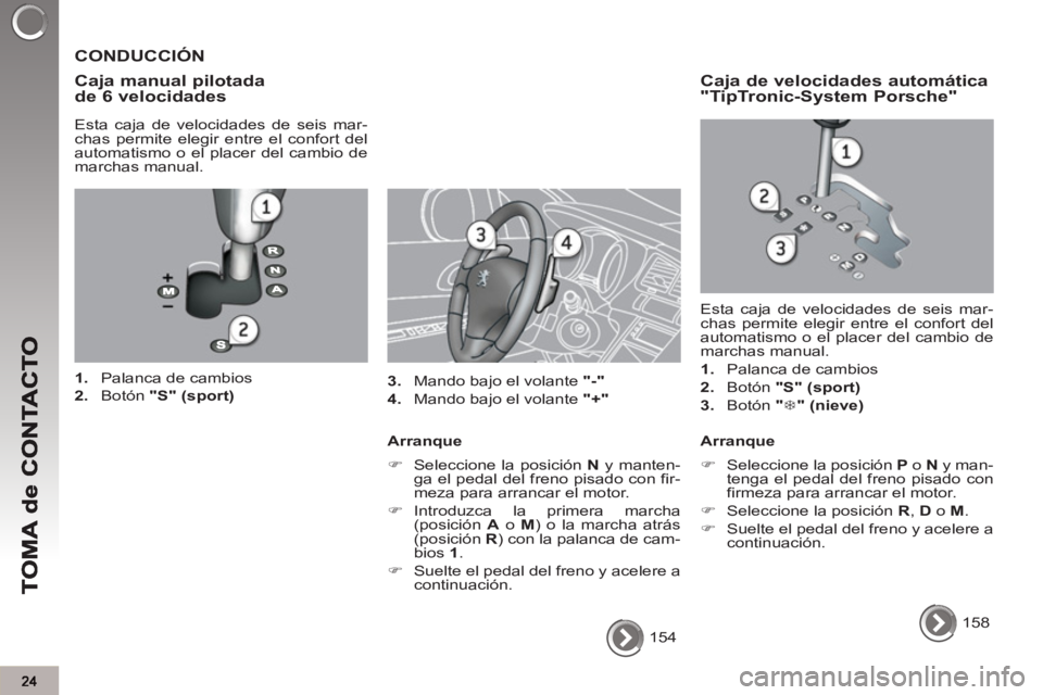 PEUGEOT 3008 2013 Manual del propietario (in Spanish) 154
CONDUCCIÓN
Ca
ja manual pilotadade 6 velocidades
Esta caja de velocidades de seis mar-
chas permite elegir entre el confort del
automatismo o el placer del cambio de
marchas ma PEUGEOT 3008 2013 Manual del propietario (in Spanish) 154
CONDUCCIÓN
Ca
ja manual pilotadade 6 velocidades
Esta caja de velocidades de seis mar-
chas permite elegir entre el confort del
automatismo o el placer del cambio de
marchas ma