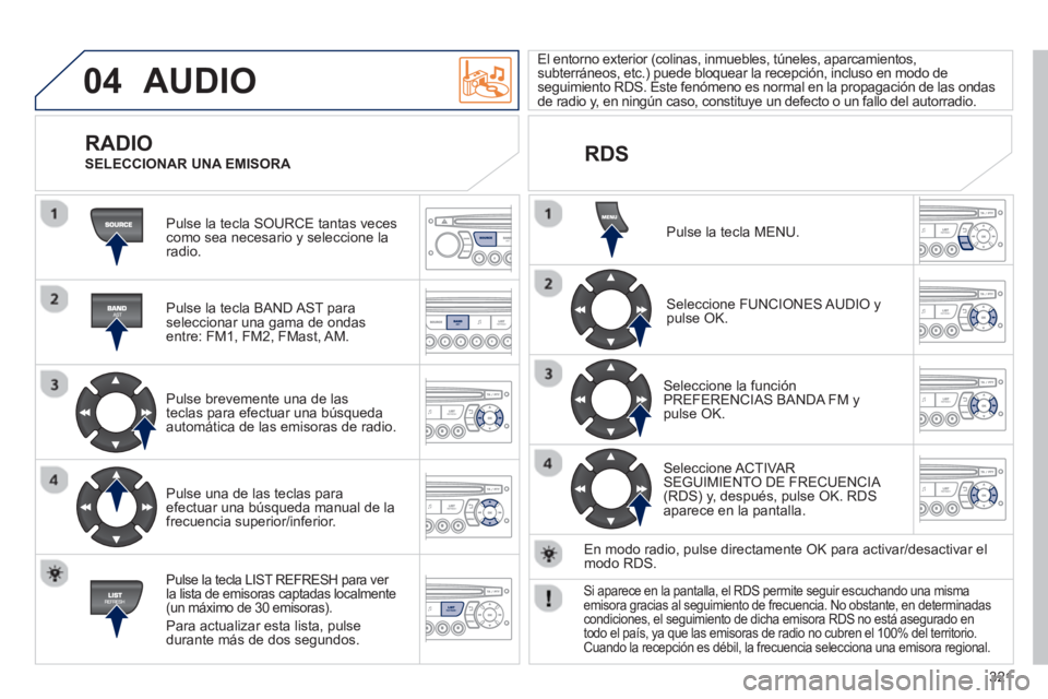 PEUGEOT 3008 2013 Manual del propietario (in Spanish) 321
04 AUDIO
Pulse la tecla SOURCE tantas vecescomo sea necesario y seleccione laradio.
Pulse la tecla BAND A
ST paraseleccionar una gama de ondasentre: FM1, FM2, FMast, AM.
Pulse brev PEUGEOT 3008 2013 Manual del propietario (in Spanish) 321
04 AUDIO
Pulse la tecla SOURCE tantas vecescomo sea necesario y seleccione laradio.
Pulse la tecla BAND A
ST paraseleccionar una gama de ondasentre: FM1, FM2, FMast, AM.
Pulse brev