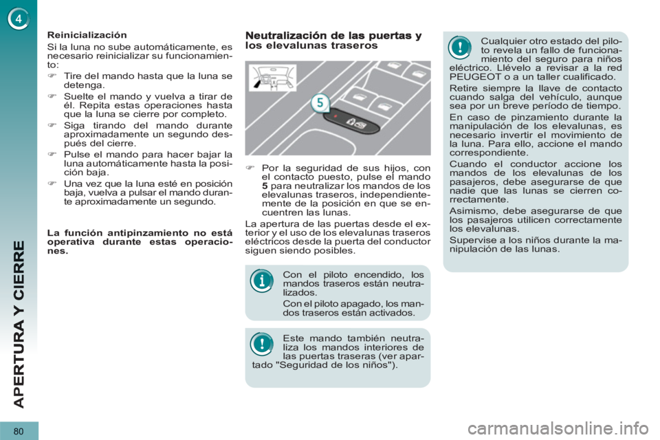 PEUGEOT 3008 2013  Manual del propietario (in Spanish) 80
AP
E
   
Con el piloto encendido, los 
mandos traseros están neutra-
lizados. 
   
Con el piloto apagado, los man-
dos traseros están activados.  
   
Este mando también neutra-
liza los mandos 