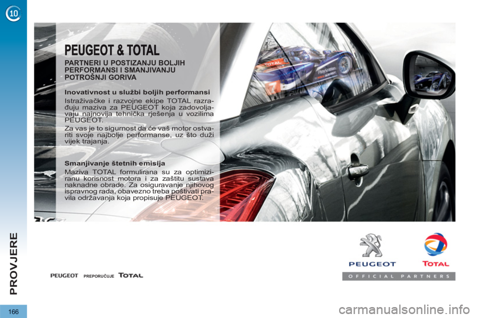 PEUGEOT 3008 2013  Upute Za Rukovanje (in Croatian) 166
PROVJERE
   
PARTNERI U POSTIZANJU BOLJIH 
PERFORMANSI I SMANJIVANJU 
POTROŠNJI GORIVA 
   
Inovativnost u službi boljih performansi 
  Istraživačke i razvojne ekipe TOTAL razra-
đuju maziva 