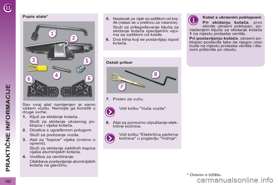 PEUGEOT 3008 2013  Upute Za Rukovanje (in Croatian)   
182
PRAKTIČNE INFORMACIJE
 
Sav ovaj alat namijenjen je samo 
vašem vozilu. Nemojte ga koristiti u 
druge svrhe. 
   
 
1. 
 Ključ za skidanje kotača.  
  Služi za skidanje ukrasnog po-
klopca