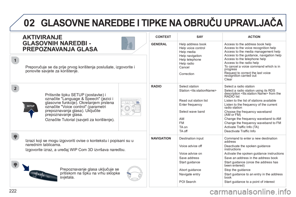 PEUGEOT 3008 2013 Upute Za Rukovanje (in Croatian) 222
02
SETUP2ABC3DEF5JKL4GHI6MNO8TUV7PQRS9WXYZ0*#
1NAV TRAFFICADDR
BOOKSETUP
Preporučuje se da prije prvog korištenja poslušate, izgovorite i ponovite savjete za korištenje.
Pritisnite tipku S PEUGEOT 3008 2013 Upute Za Rukovanje (in Croatian) 222
02
SETUP2ABC3DEF5JKL4GHI6MNO8TUV7PQRS9WXYZ0*#
1NAV TRAFFICADDR
BOOKSETUP
Preporučuje se da prije prvog korištenja poslušate, izgovorite i ponovite savjete za korištenje.
Pritisnite tipku S