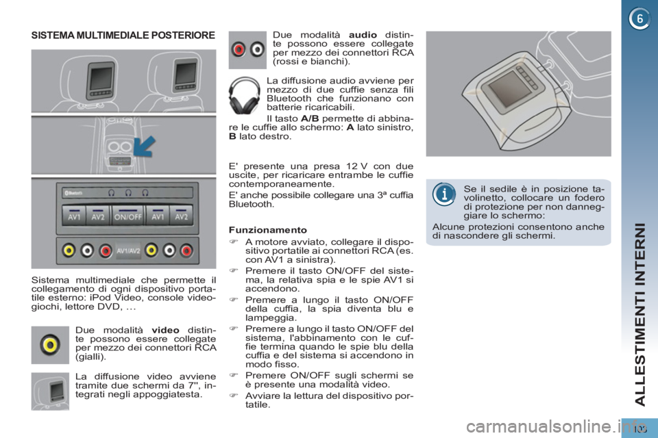 PEUGEOT 3008 2013  Manuale duso (in Italian) 103
ALLESTIMENTI INTERNI
SISTEMA MULTIMEDIALE POSTERIORE 
   
Sistema multimediale che permette il 
collegamento di ogni dispositivo porta-
tile esterno: iPod Video, console video-
giochi, lettore DVD