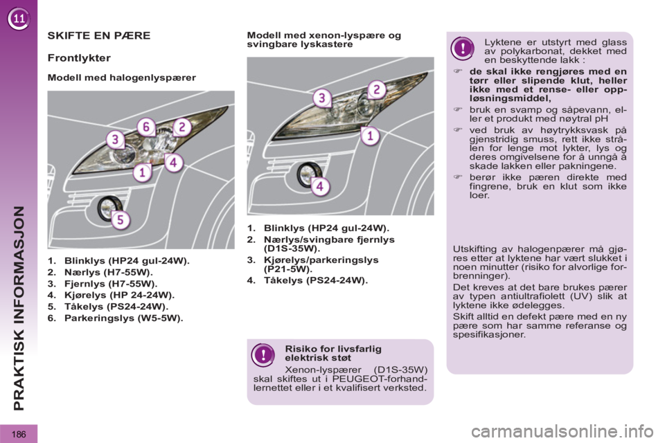PEUGEOT 3008 2013 Instruksjoner for bruk (in Norwegian) 186
PRAKTISK INFORMASJON
Risiko for livsfarlig
elektrisk støt
Xenon-lyspærer (D1S-35W)
skal skiftes ut i PEUGEOT-forhand-
lernettet eller i et kvalifisert verksted.
SKIFTE EN PÆRE
PEUGEOT 3008 2013 Instruksjoner for bruk (in Norwegian) 186
PRAKTISK INFORMASJON
Risiko for livsfarlig
elektrisk støt
Xenon-lyspærer (D1S-35W)
skal skiftes ut i PEUGEOT-forhand-
lernettet eller i et kvalifisert verksted.
SKIFTE EN PÆRE
