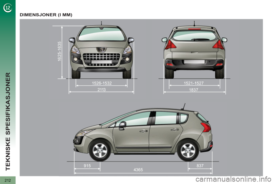 PEUGEOT 3008 2013  Instruksjoner for bruk (in Norwegian) 212
TEKNISKE SPESIFIKASJONER
DIMENSJONER (I MM) 
