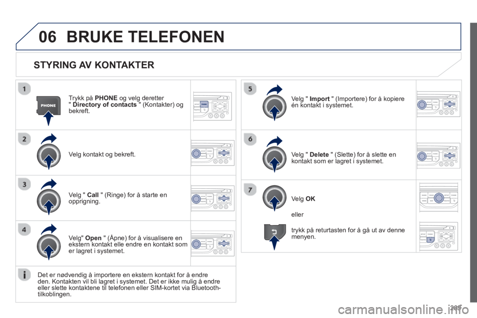 PEUGEOT 3008 2013  Instruksjoner for bruk (in Norwegian) 289
06
   
STYRING AV KONTAKTER
Trykk på  PHONEog velg deretter "Directory of contacts 
 " (Kontakter) og bekreft.  
Ve l
g kontakt og bekreft.Ve l
g " Import   " (Importere) for å kopiere én konta