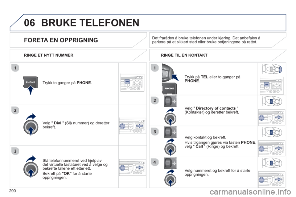 PEUGEOT 3008 2013  Instruksjoner for bruk (in Norwegian) 290
06BRUKE TELEFONEN 
Trykk to ganger på PHONE.   
Ve l
g " Dial   " (Slå nummer) og deretter bekreft.Velg " 
Directory of contacts 
 " (Kontakter) og deretter bekreft.  
Slå telefonnummeret ved h