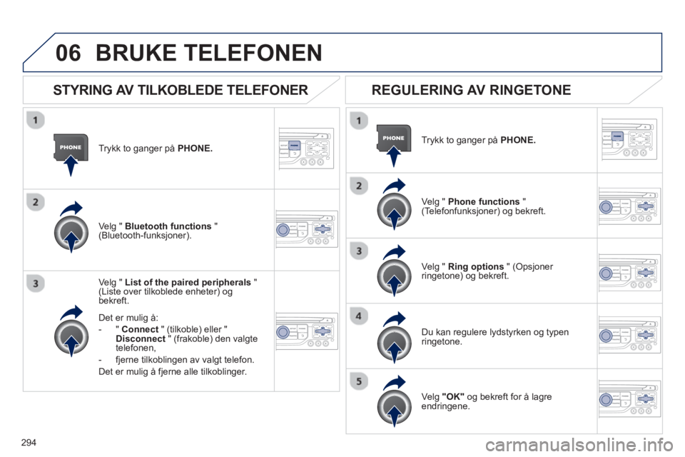PEUGEOT 3008 2013  Instruksjoner for bruk (in Norwegian) 294
06
Trykk to ganger på PHONE.  
Ve l
g " List of the paired peripherals"(Liste over tilkoblede enheter) og bekreft.
Det er muli
g å: 
-"Connec
t" (tilkoble) eller "Disconnect" (frakoble) den valg