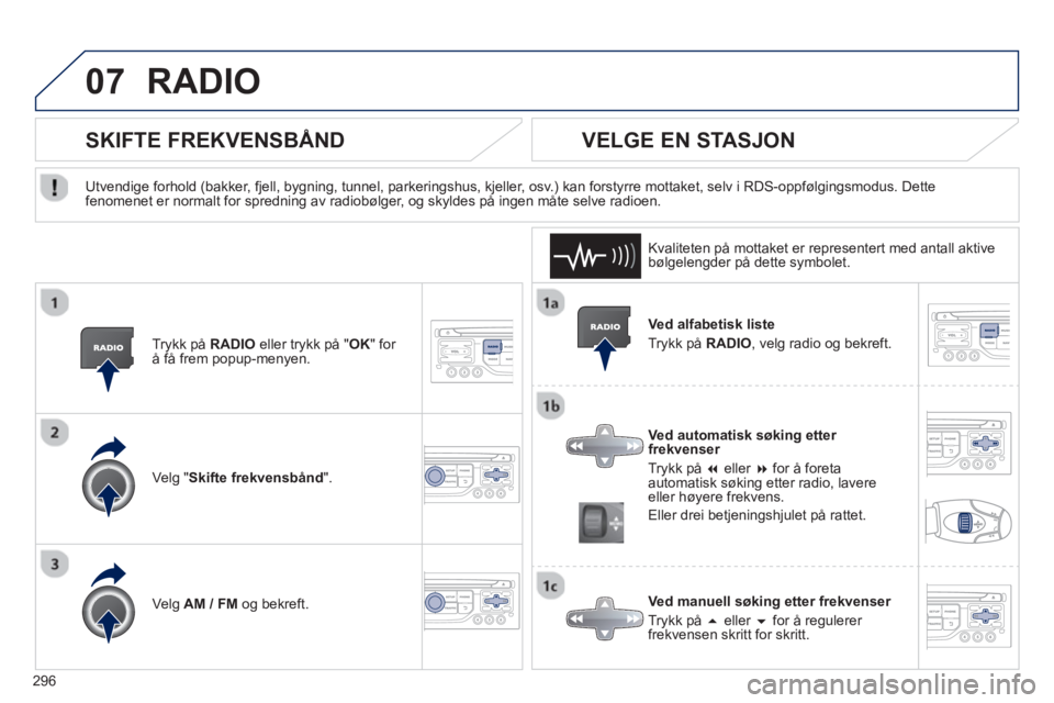PEUGEOT 3008 2013  Instruksjoner for bruk (in Norwegian) 296
07RADIO 
   Ved alfabetisk liste 
  Tr
ykk på RADIO 
, velg radio og bekreft.  
   
Ved automatisk søking etter frekvenser 
  Tr
ykk på � 
 eller  �for 