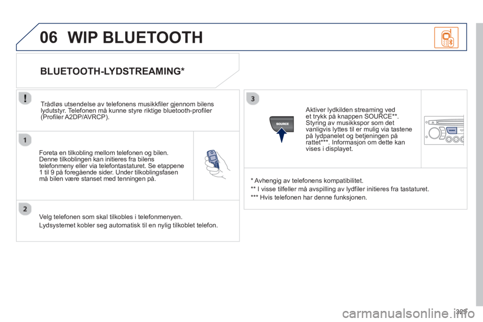 PEUGEOT 3008 2013  Instruksjoner for bruk (in Norwegian) 329
06
   
Foreta en tilkobling mellom telefonen og bilen. Denne tilkoblingen kan initieres fra bilens 
telefonmeny eller via telefontastaturet. Se etappene
1 til 9 på foregående sider. Under tilkob