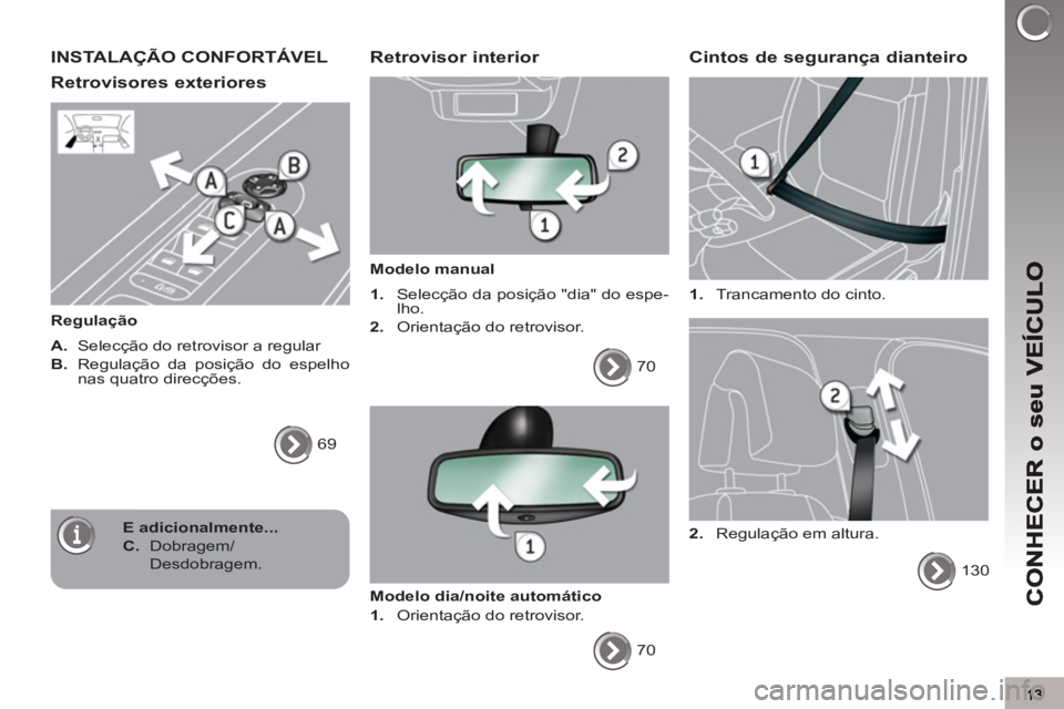 PEUGEOT 3008 2013  Manual de utilização (in Portuguese) INSTALAÇÃO CONFORTÁVEL
Retrovisores exteriores 
   
Regulação 
   
A. 
  Selecção do retrovisor a regular 
   
B. 
  Regulação da posição do espelho 
nas quatro direcções. 
  69  
 
 
 Re