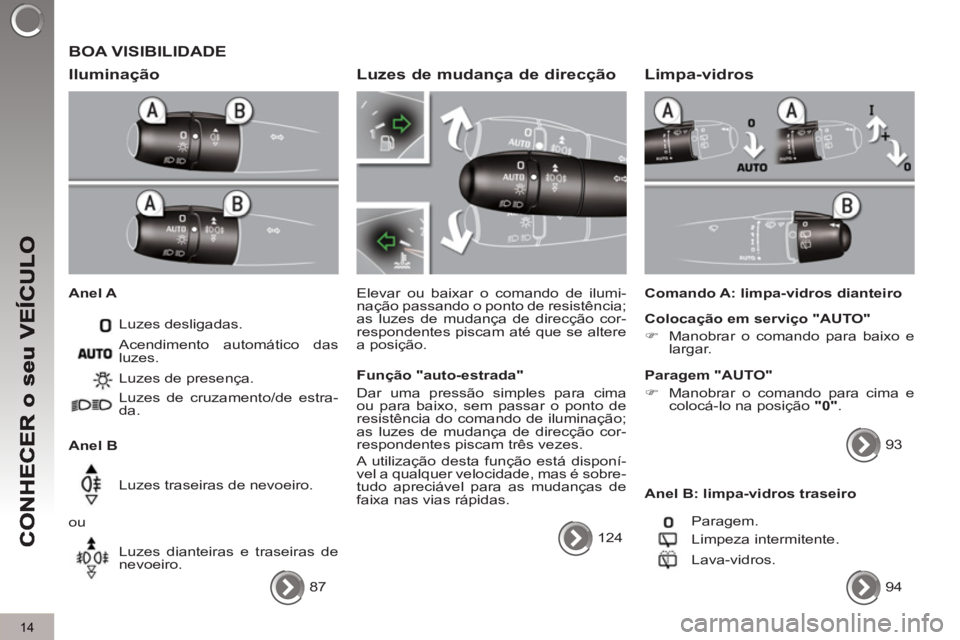 PEUGEOT 3008 2013  Manual de utilização (in Portuguese) 14
  BOA VISIBILIDADE
   
Ilumina
ção 
 
 
Anel A 
  Luzes desligadas. 
   
Anel B   Luzes de presença. 
  Luzes de cruzamento/de estra-
da.  
  Luzes traseiras de nevoeiro. 
  ou 
  Luzes dianteir
