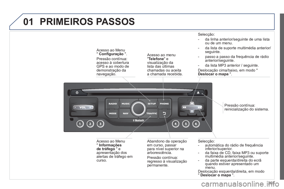 PEUGEOT 3008 2013 Manual de utilização (in Portuguese) 265
01
Selecção:
- automática do rádio de frequência
inferior/su
perior.
- da faixa de CD, faixa MP3 ou suporte
multimédia anterior/seguinte.
- da parte esquerda/direita do ecrãquando es PEUGEOT 3008 2013 Manual de utilização (in Portuguese) 265
01
Selecção:
- automática do rádio de frequência
inferior/su
perior.
- da faixa de CD, faixa MP3 ou suporte
multimédia anterior/seguinte.
- da parte esquerda/direita do ecrãquando es