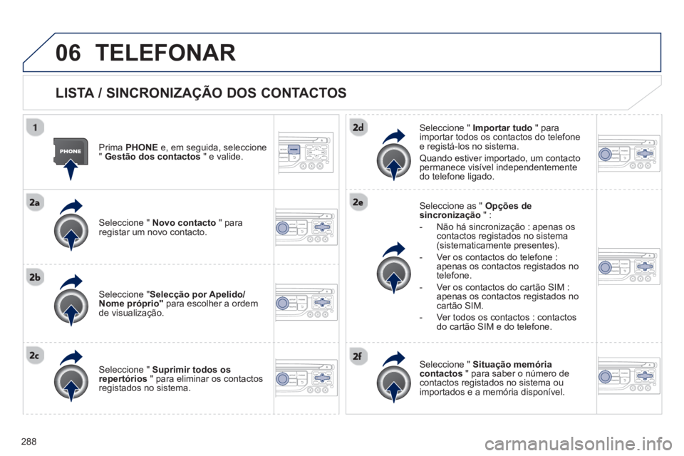 PEUGEOT 3008 2013 Manual de utilização (in Portuguese) 288
06TELEFONAR
LISTA / SINCRONIZAÇÃO DOS CONTACTOS
Prima PHONEe, em seguida, seleccione" Gestão dos contactos" e valide.
Seleccione " Novo contacto" para
registar um novo contacto.
PEUGEOT 3008 2013 Manual de utilização (in Portuguese) 288
06TELEFONAR
LISTA / SINCRONIZAÇÃO DOS CONTACTOS
Prima PHONEe, em seguida, seleccione" Gestão dos contactos" e valide.
Seleccione " Novo contacto" para
registar um novo contacto.