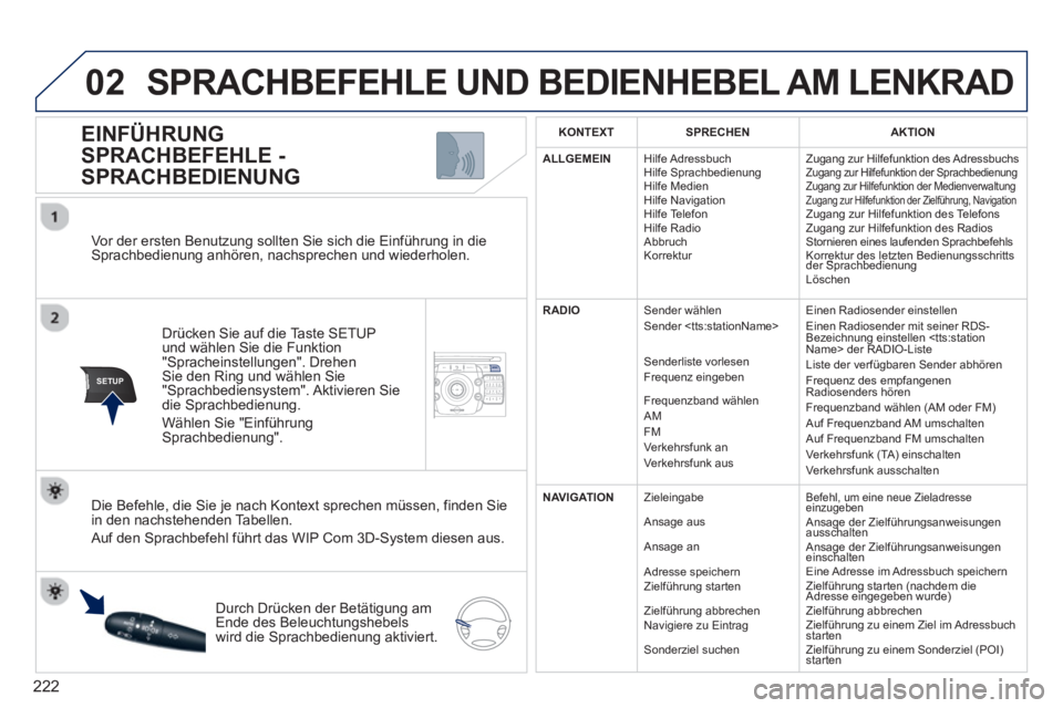 PEUGEOT 3008 2012.5 Betriebsanleitungen (in German) 222
02
SETUP2ABC3DEF5JKL4GHI6MNO8TUV7PQRS9WXYZ0*#
1NAV TRAFFICADDR
BOOKSETUP
Vor der ersten Benutzung sollten Sie sich die Einführung in dieSprachbedienung anhören, nachsprechen und wiederholen. PEUGEOT 3008 2012.5 Betriebsanleitungen (in German) 222
02
SETUP2ABC3DEF5JKL4GHI6MNO8TUV7PQRS9WXYZ0*#
1NAV TRAFFICADDR
BOOKSETUP
Vor der ersten Benutzung sollten Sie sich die Einführung in dieSprachbedienung anhören, nachsprechen und wiederholen.
